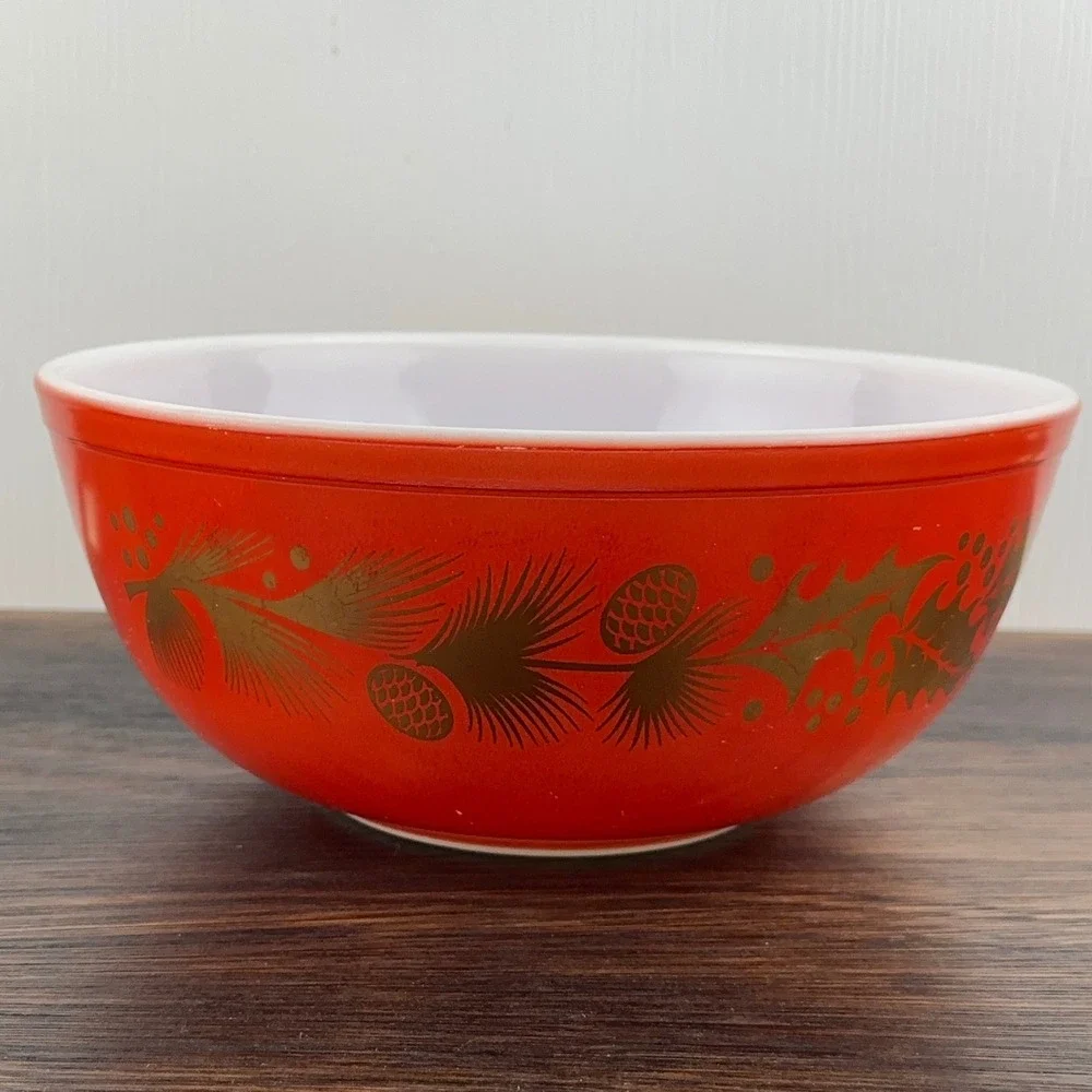Vintage Pyrex 404 Golden Pine 4QT Mixing Bowl Orange Red Gold Holiday MCM